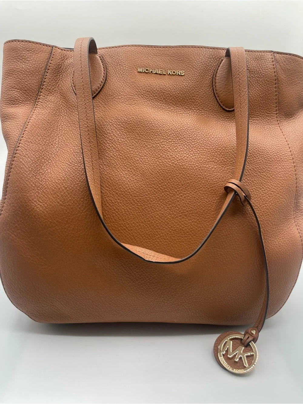 Michael Kors Cognac Pebbled Leather Tote with Gold Logo Charm